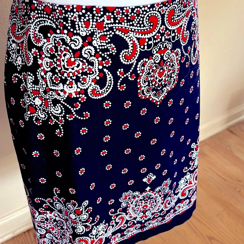 Talbots red, white and navy blue print pencil skirt. Paisley. - Picture 2 of 9
